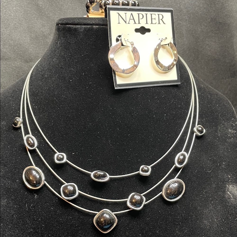 Napier Silver and Black 3 Strand Necklace and Earrings, 3 Piece Set, Y2K